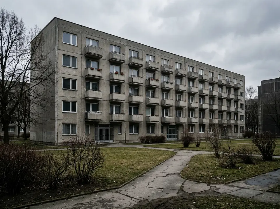 Panelelemekből épült lakóház udvara, erkélyekkel és füves résszel.